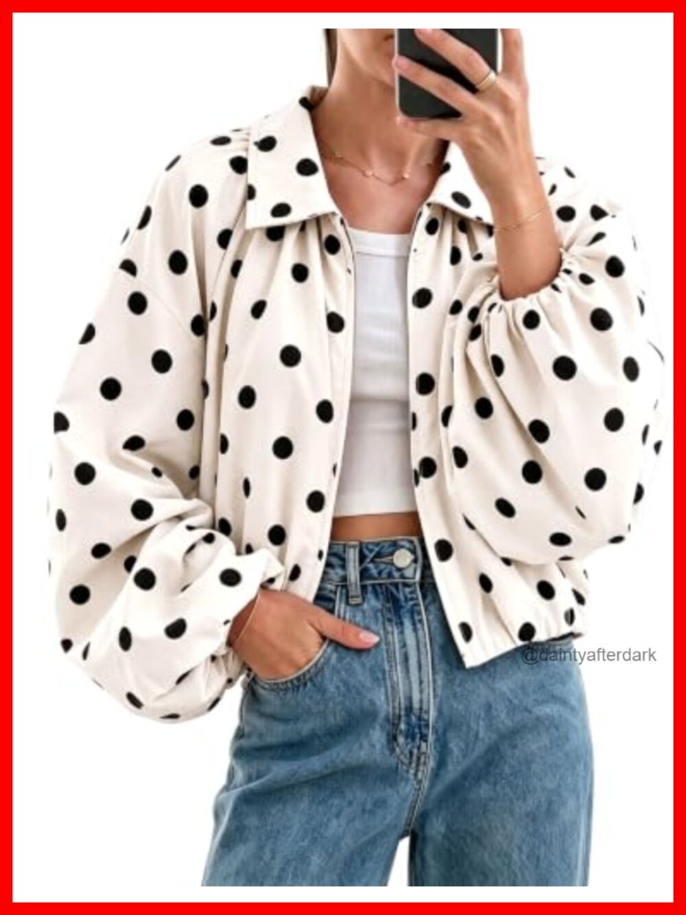 Women's Polka Dot Zip Up Bomber Jacket Cropped Pleated Coat